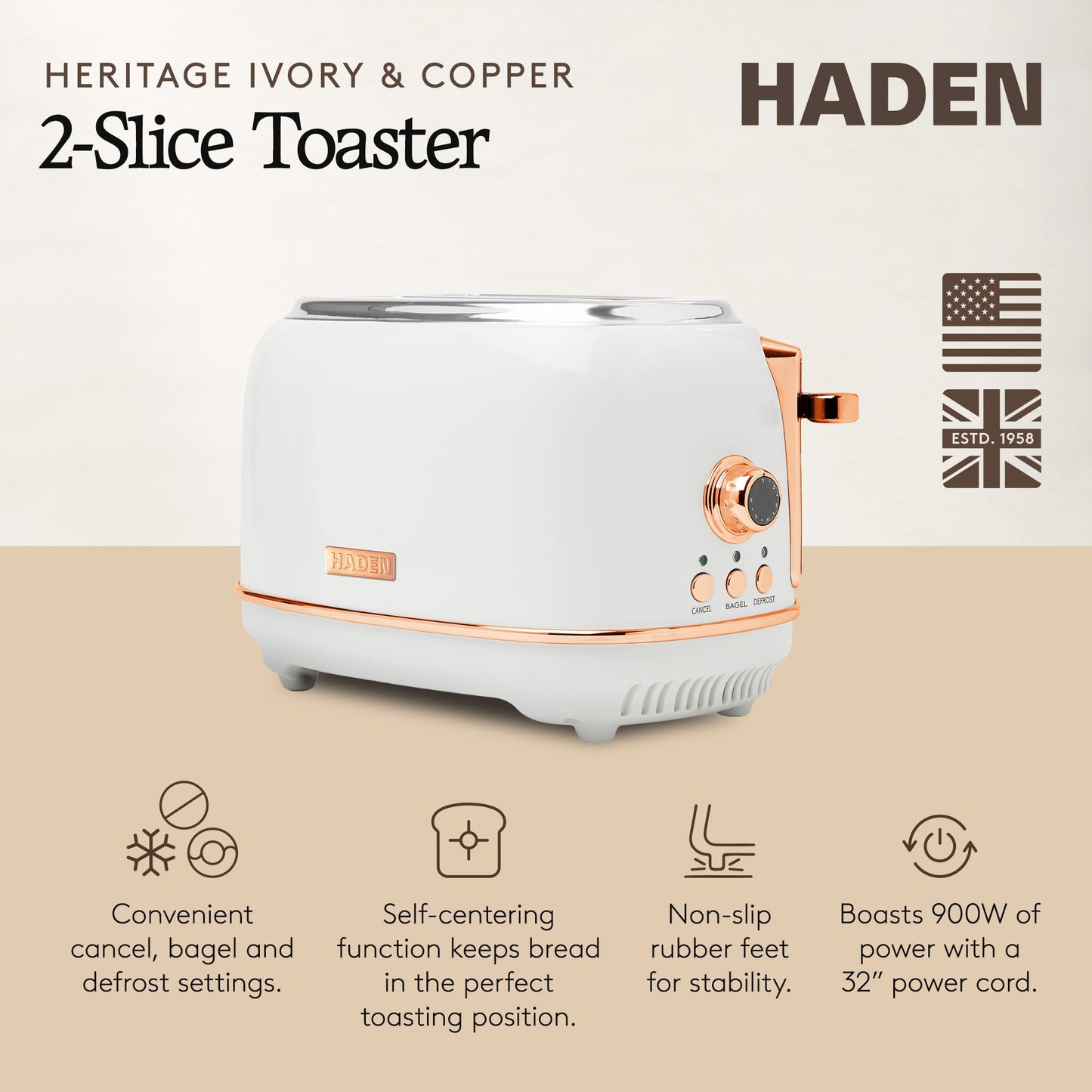 Haden Heritage 2 Slice Wide Slot Stainless Steel Toaster, Ivory & Copper