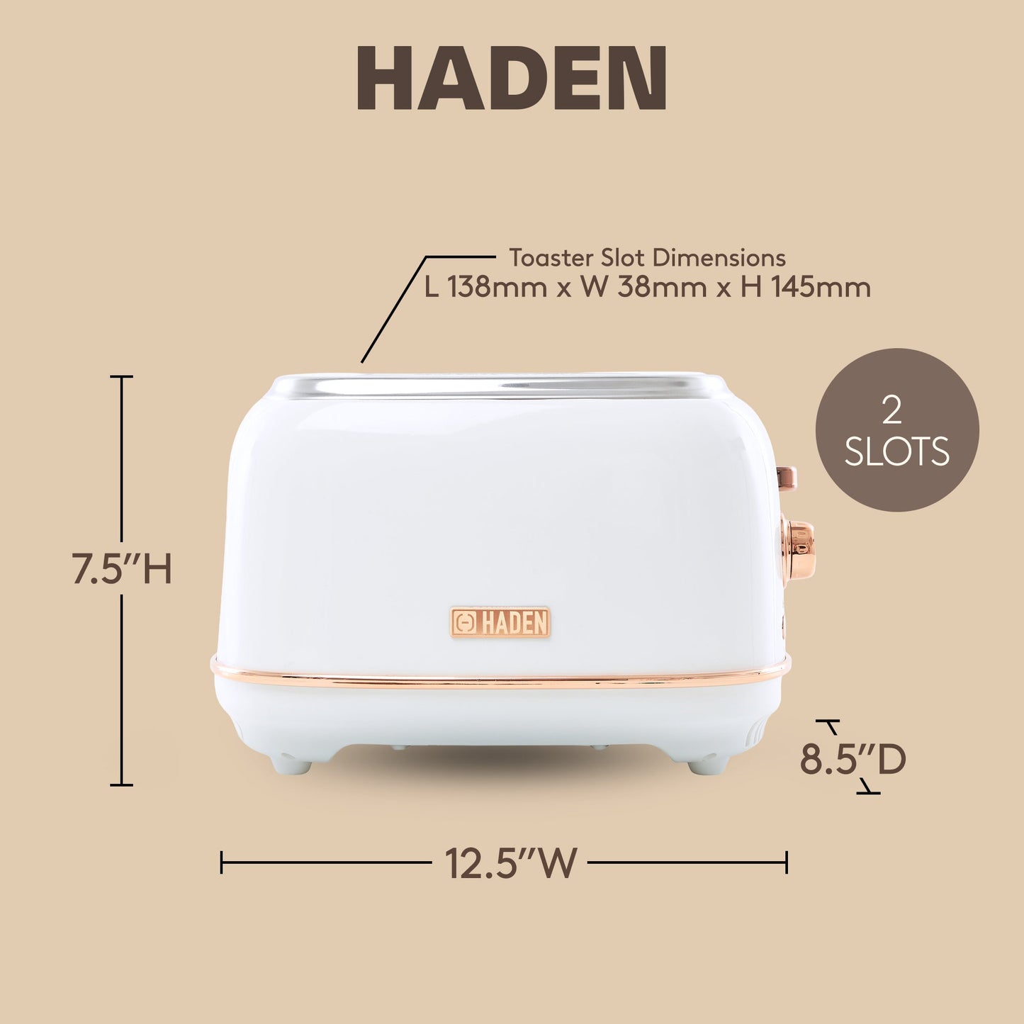 Haden Heritage 2 Slice Wide Slot Stainless Steel Toaster, Ivory & Copper