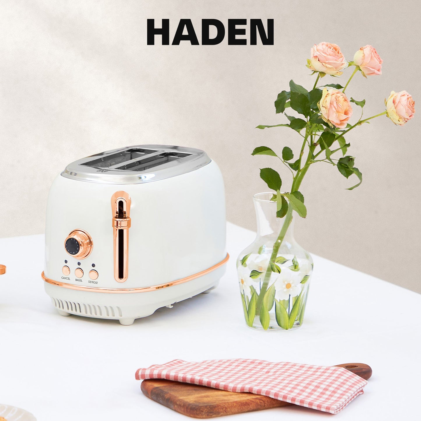 Haden Heritage 2 Slice Wide Slot Stainless Steel Toaster, Ivory & Copper