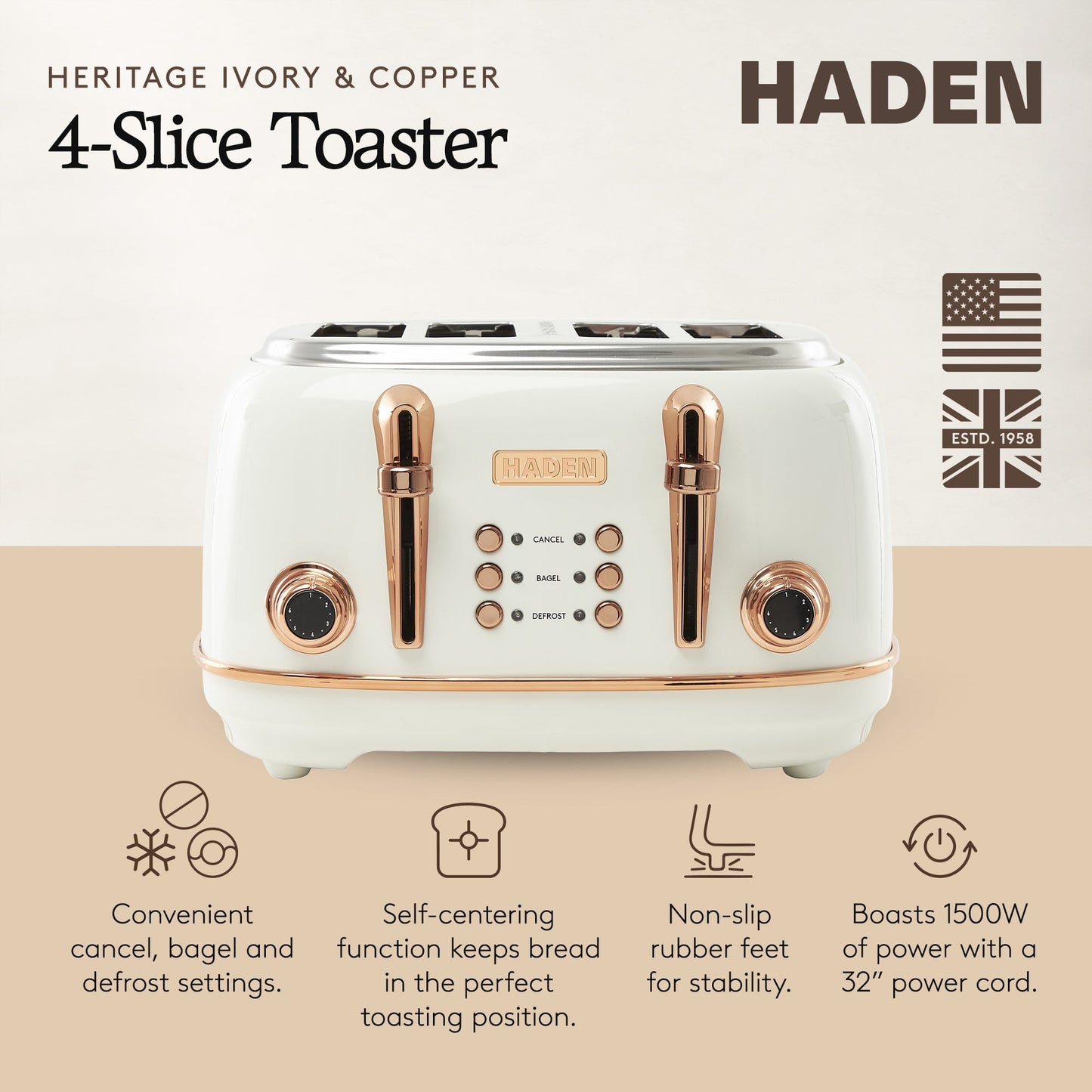 Haden Heritage 4 Slice Wide Slot Stainless Steel Toaster, Ivory & Copper
