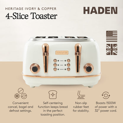 Haden Heritage 4 Slice Wide Slot Stainless Steel Toaster, Ivory & Copper