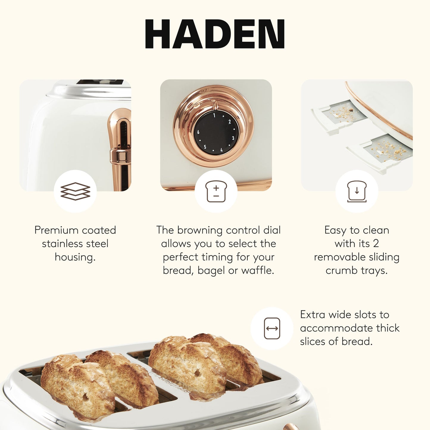 Haden Heritage 4 Slice Wide Slot Stainless Steel Toaster, Ivory & Copper