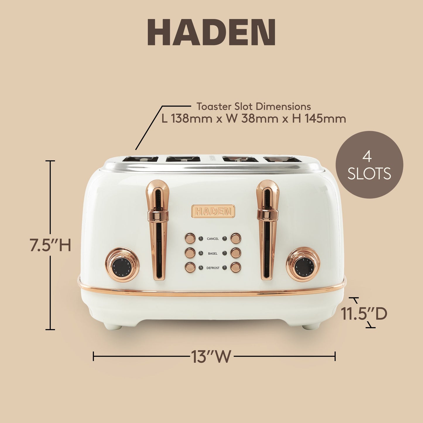 Haden Heritage 4 Slice Wide Slot Stainless Steel Toaster, Ivory & Copper