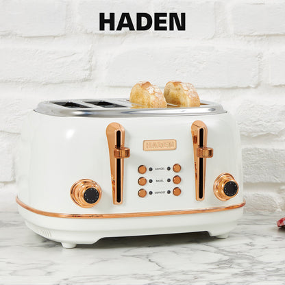 Haden Heritage 4 Slice Wide Slot Stainless Steel Toaster, Ivory & Copper
