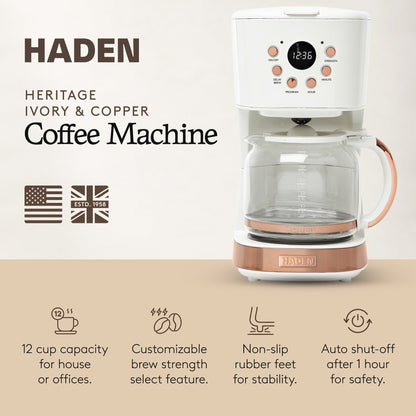Haden Coffee Machine, 12 Cup Programmable Drip Coffee Maker, Ivory & Copper