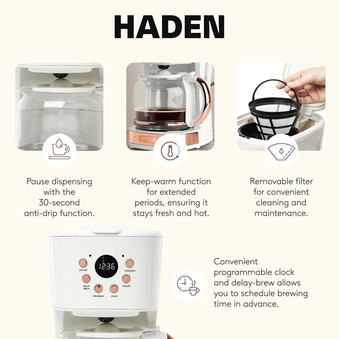 Haden Coffee Machine, 12 Cup Programmable Drip Coffee Maker, Ivory & Copper