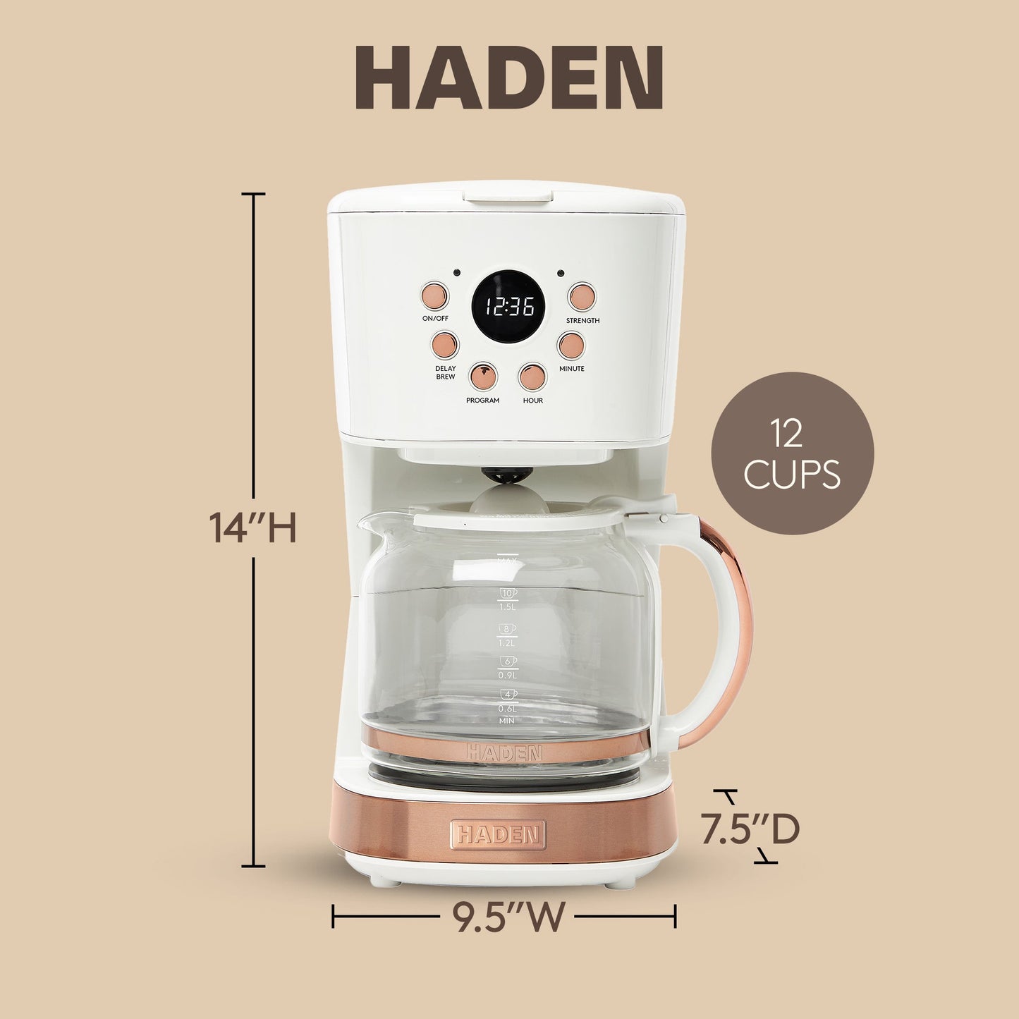 Haden Coffee Machine, 12 Cup Programmable Drip Coffee Maker, Ivory & Copper