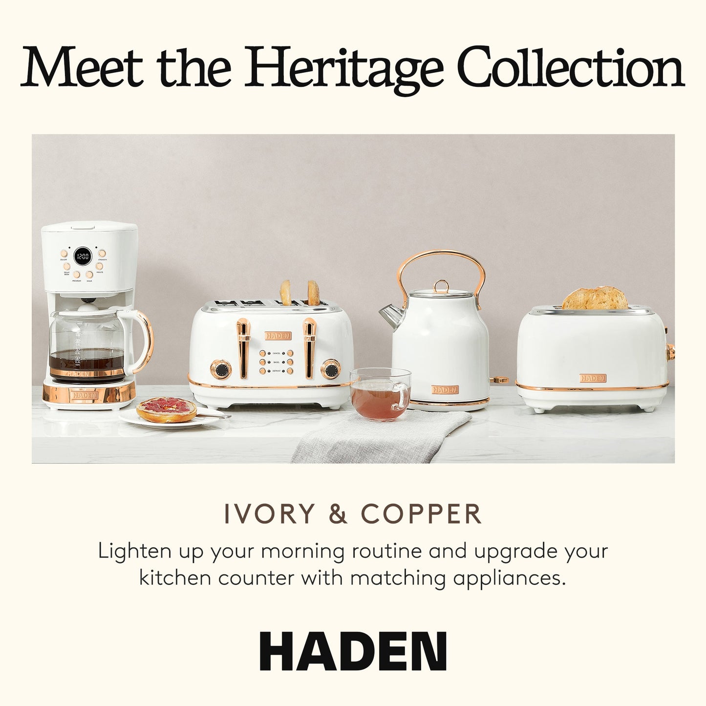 Haden Coffee Machine, 12 Cup Programmable Drip Coffee Maker, Ivory & Copper
