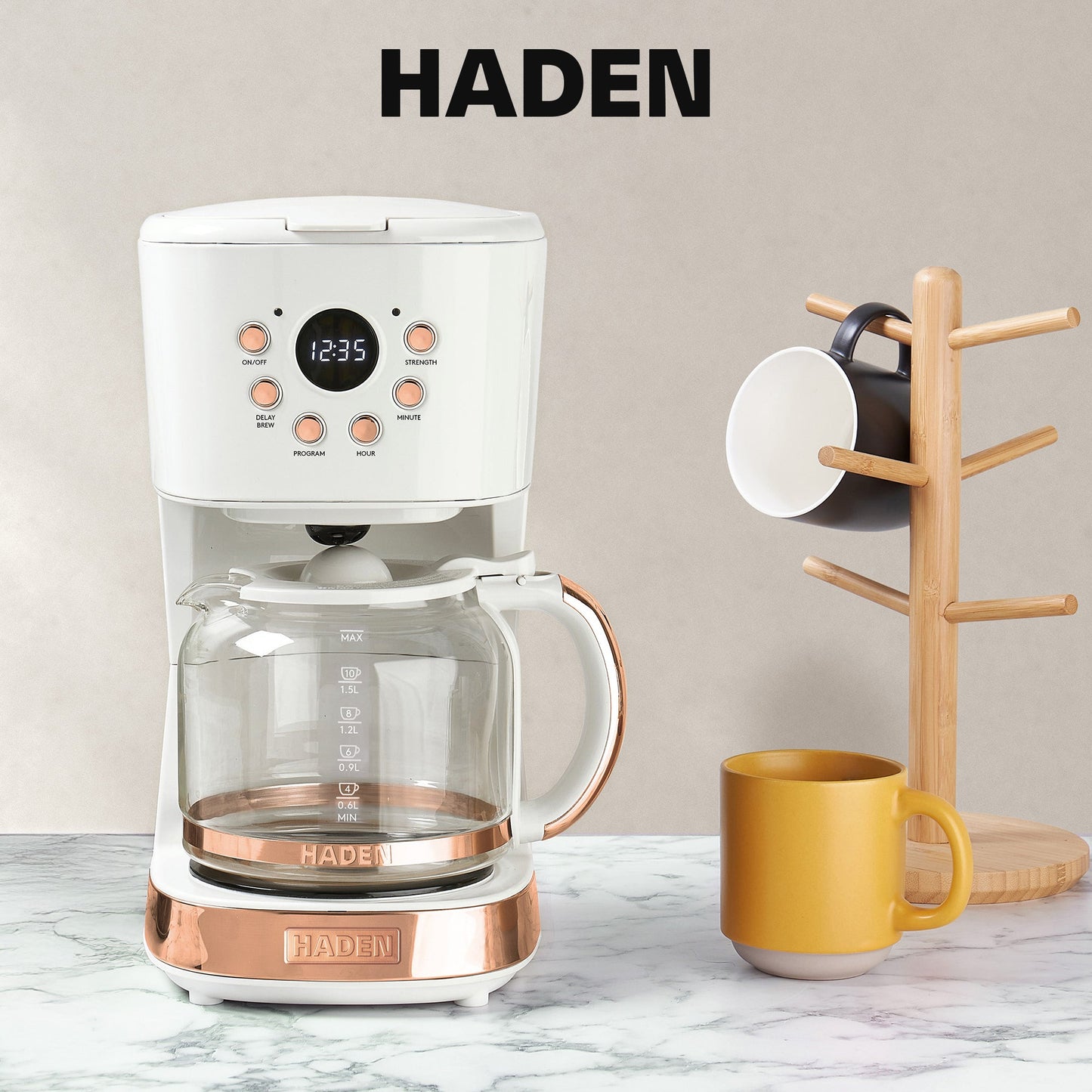 Haden Coffee Machine, 12 Cup Programmable Drip Coffee Maker, Ivory & Copper