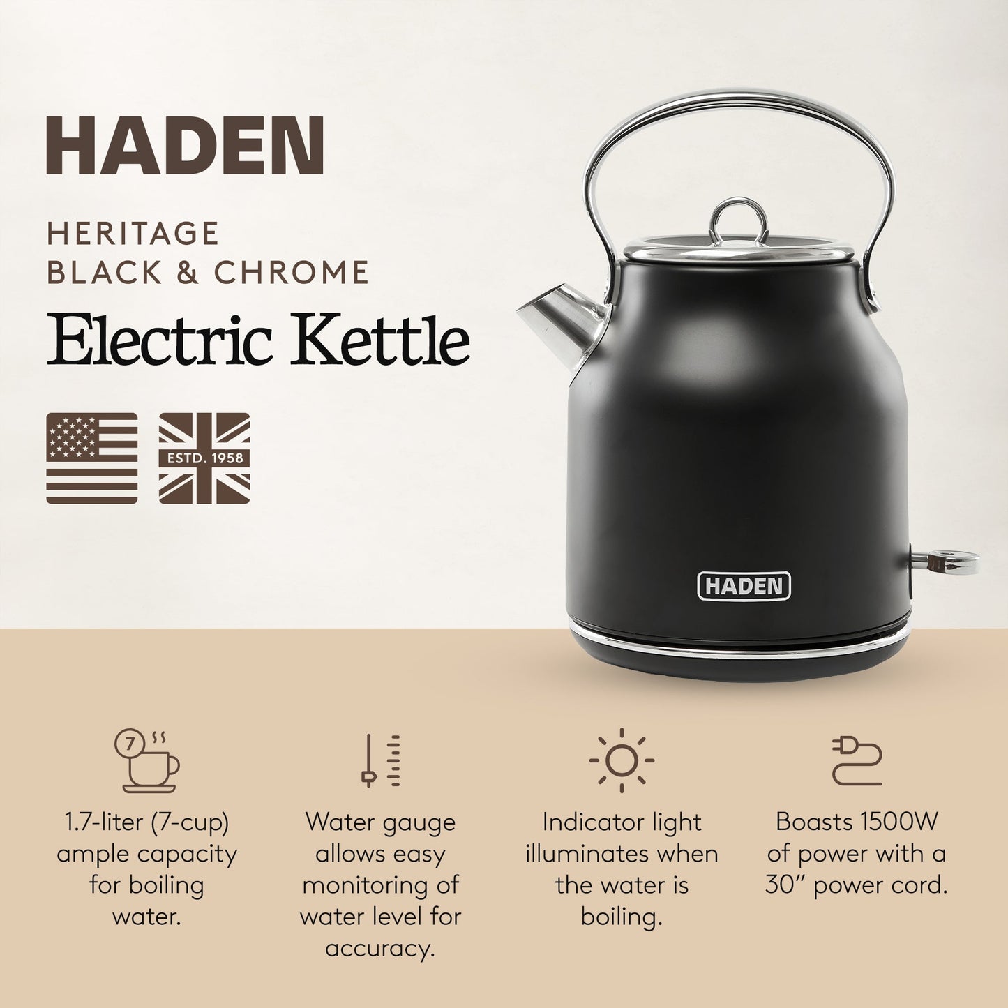 Haden Heritage 1.7 Liter Stainless Steel Electric Water Kettle, Black & Chrome
