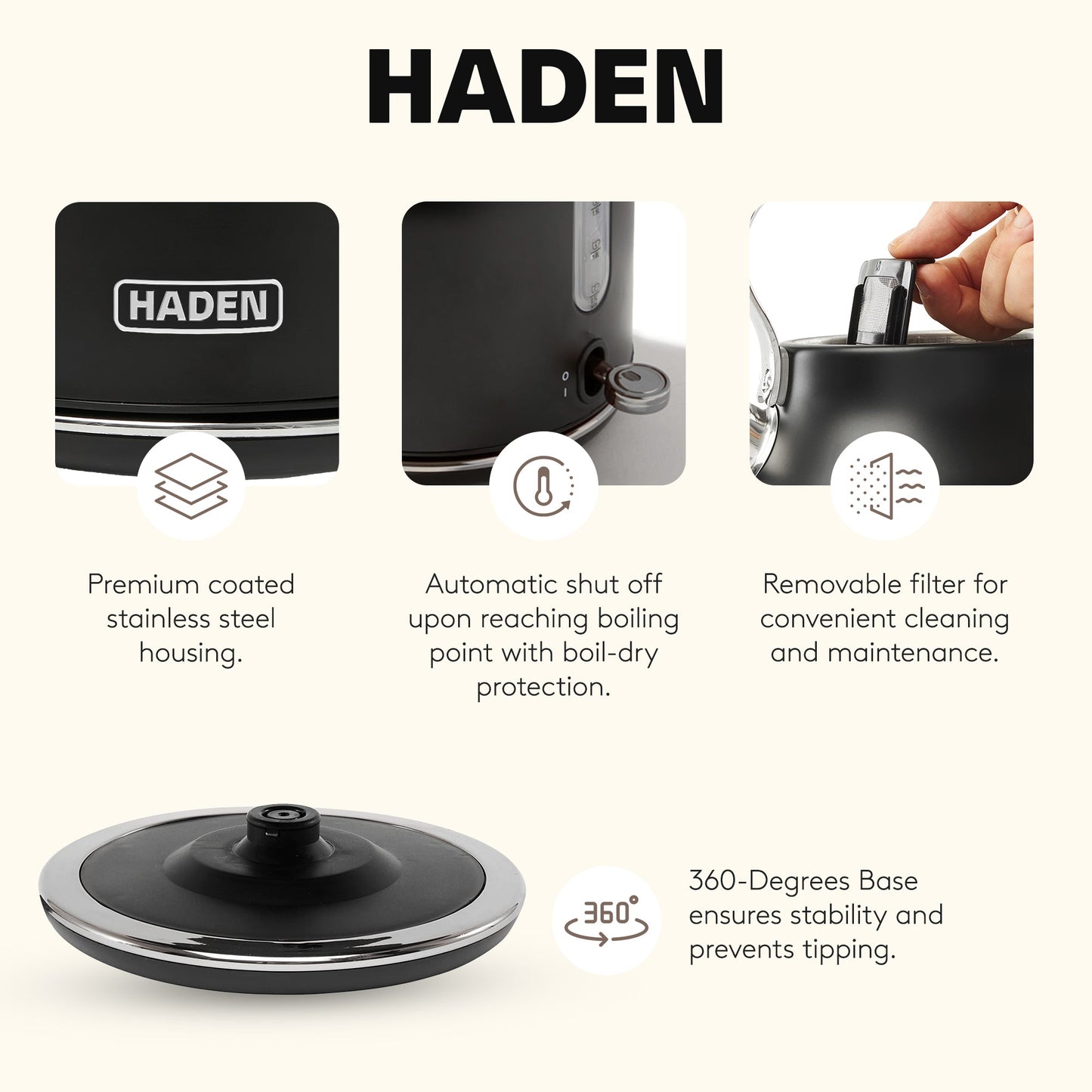 Haden Heritage 1.7 Liter Stainless Steel Electric Water Kettle, Black & Chrome