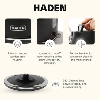 Haden Heritage 1.7 Liter Stainless Steel Electric Water Kettle, Black & Chrome