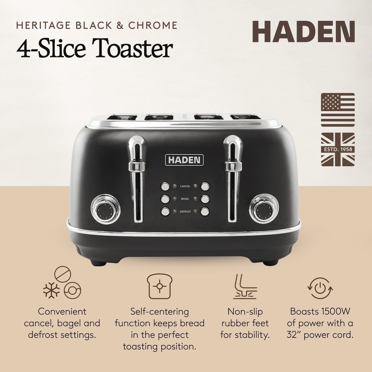 Haden Heritage 4 Slice Wide Slot Stainless Steel Toaster, Black & Chrome