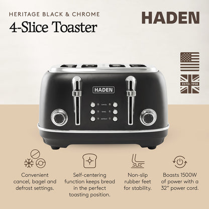 Haden Heritage 4 Slice Wide Slot Stainless Steel Toaster, Black & Chrome