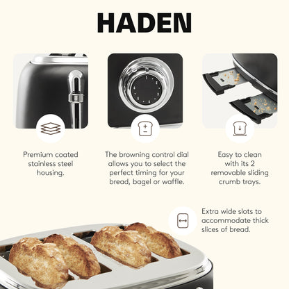 Haden Heritage 4 Slice Wide Slot Stainless Steel Toaster, Black & Chrome