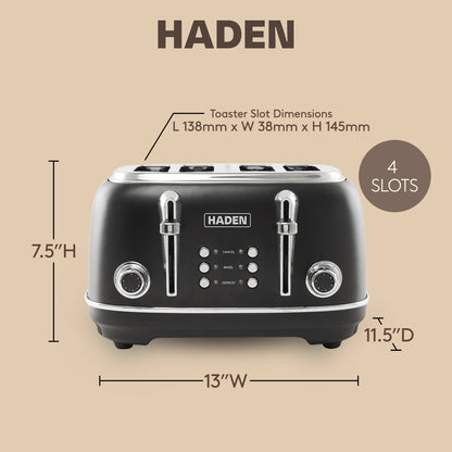 Haden Heritage 4 Slice Wide Slot Stainless Steel Toaster, Black & Chrome
