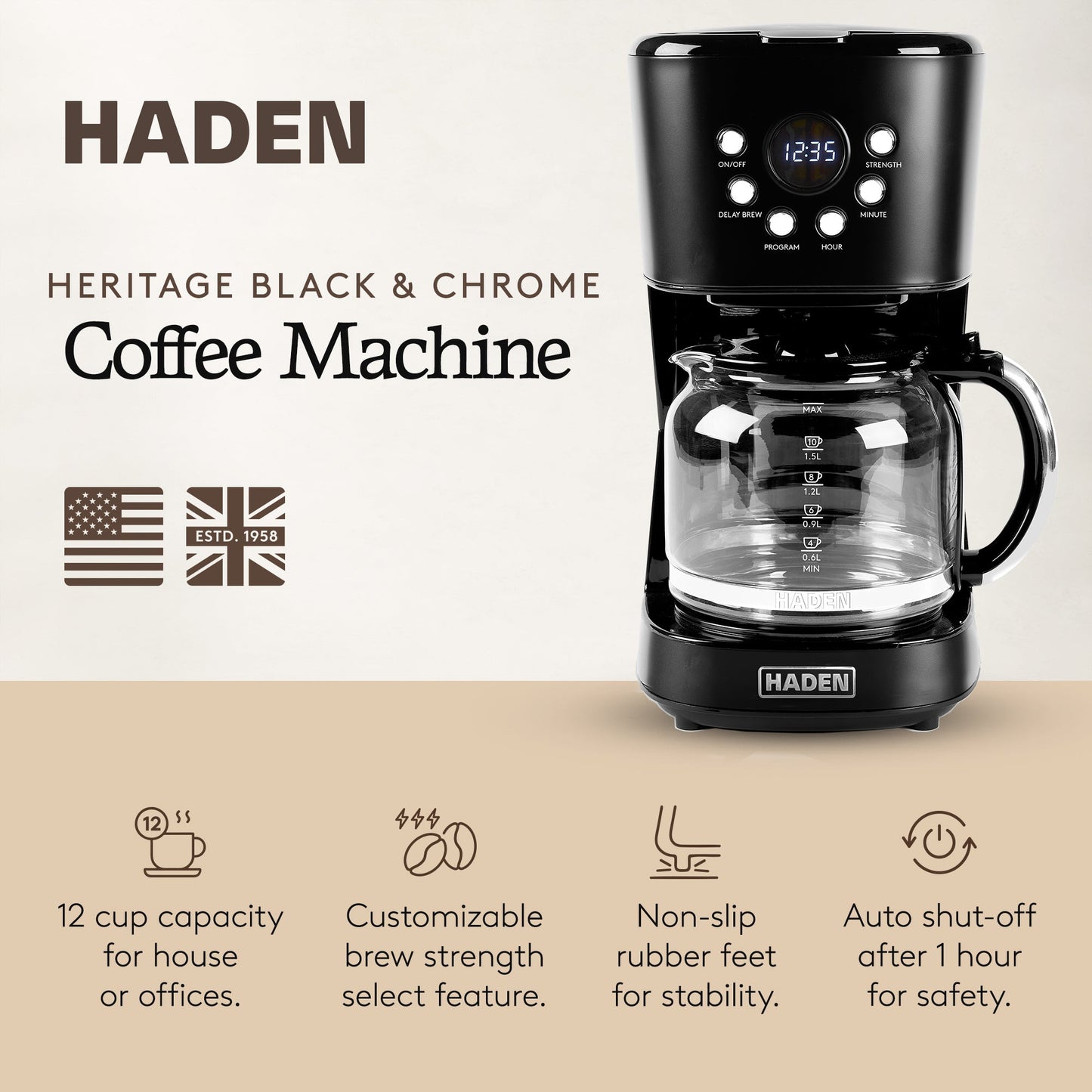 Haden Coffee Machine, 12 Cup Programmable Drip Coffee Maker, Black & Chrome