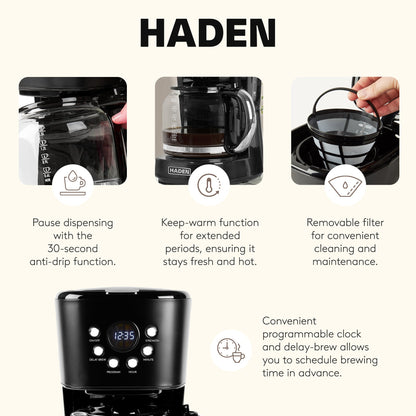 Haden Coffee Machine, 12 Cup Programmable Drip Coffee Maker, Black & Chrome