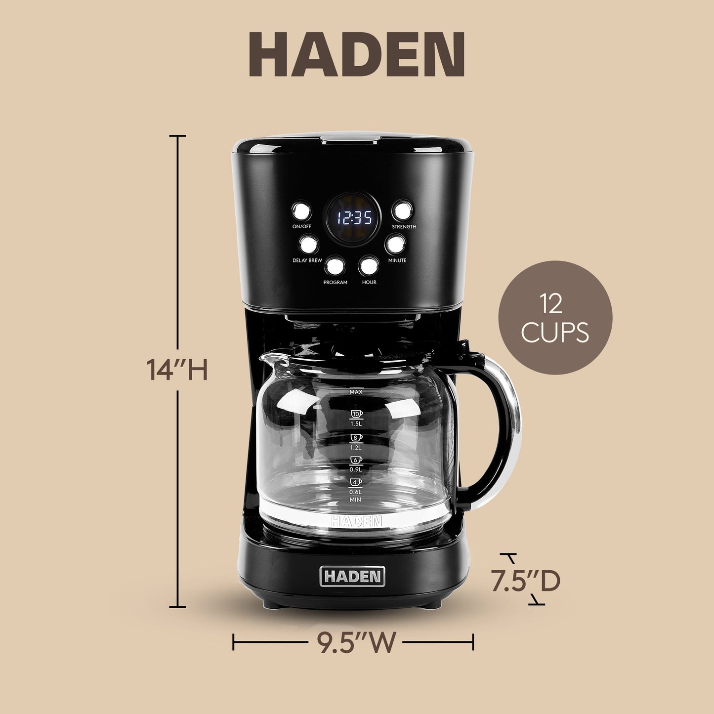 Haden Coffee Machine, 12 Cup Programmable Drip Coffee Maker, Black & Chrome