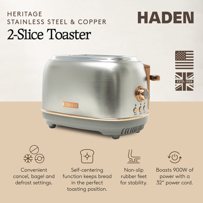 Haden Heritage 2 Slice Wide Slot Stainless Steel Toaster, Steel & Copper