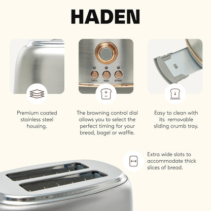 Haden Heritage 2 Slice Wide Slot Stainless Steel Toaster, Steel & Copper