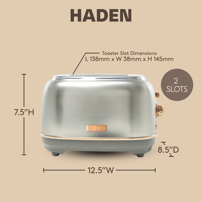 Haden Heritage 2 Slice Wide Slot Stainless Steel Toaster, Steel & Copper