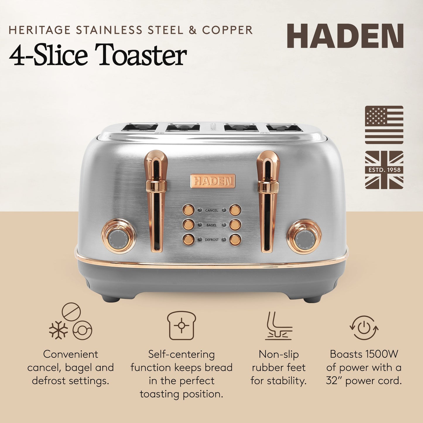 Haden Heritage 4 Slice Wide Slot Stainless Steel Toaster, Steel & Copper