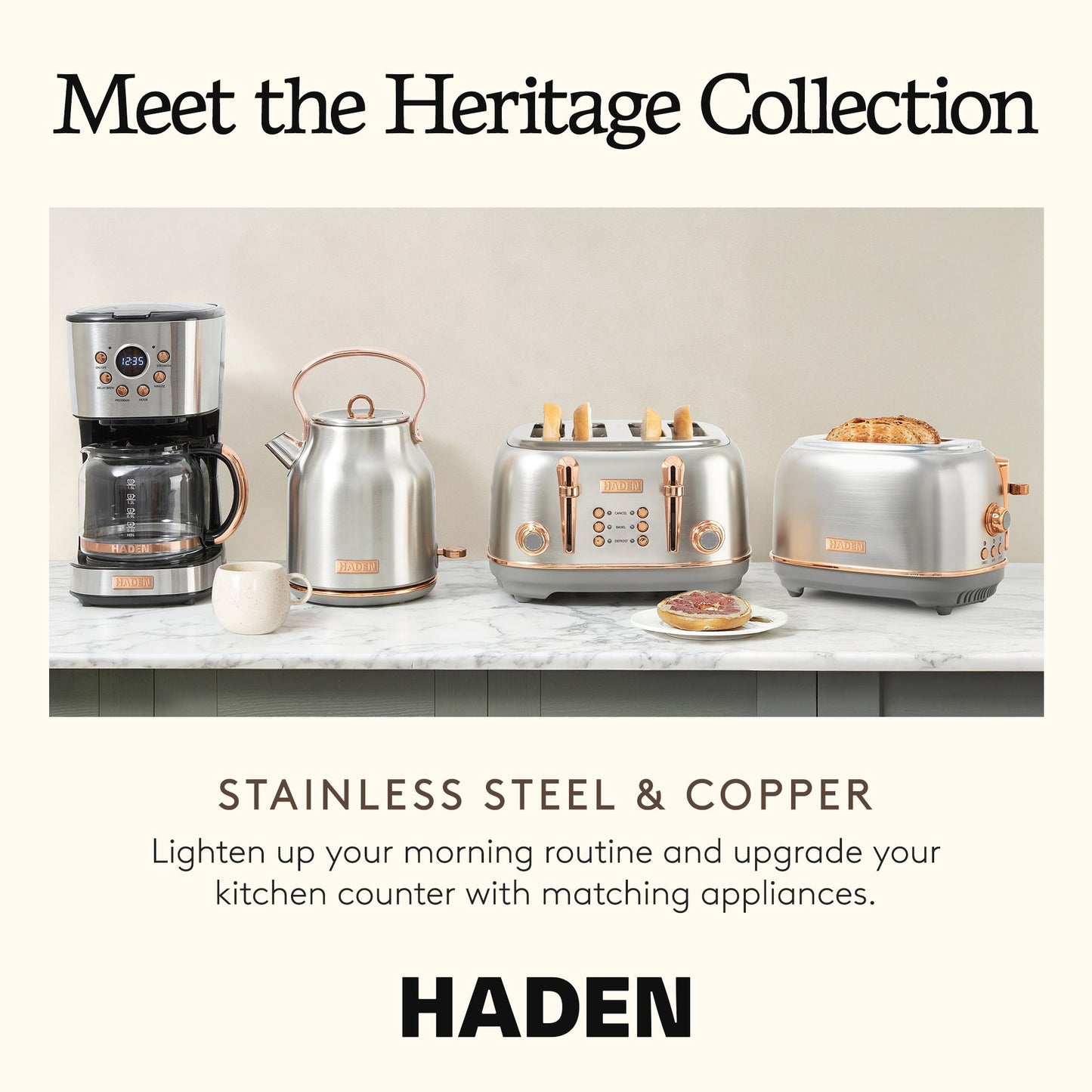 Haden Heritage 4 Slice Wide Slot Stainless Steel Toaster, Steel & Copper