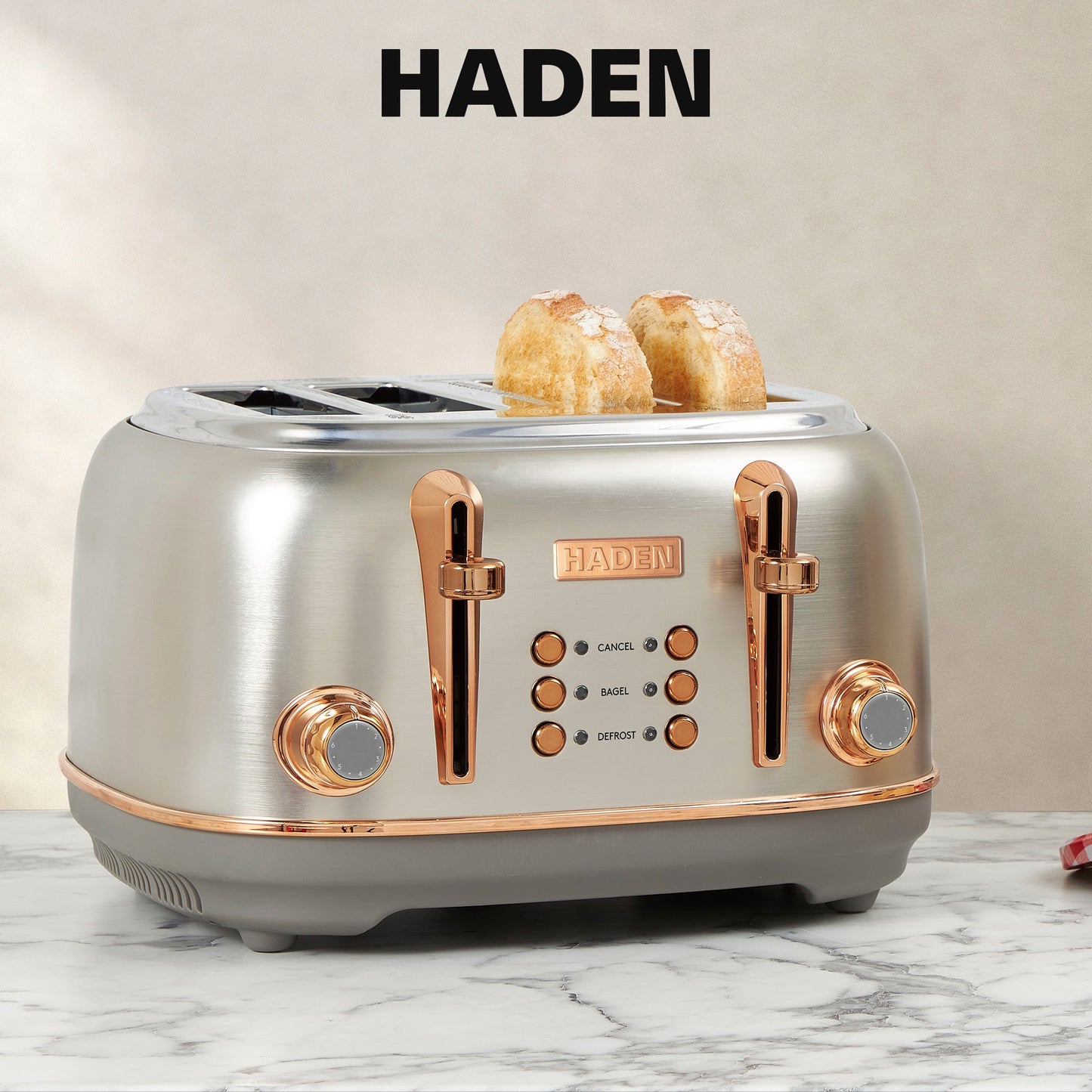 Haden Heritage 4 Slice Wide Slot Stainless Steel Toaster, Steel & Copper