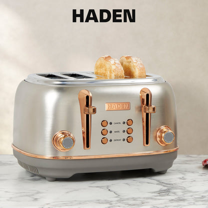 Haden Heritage 4 Slice Wide Slot Stainless Steel Toaster, Steel & Copper