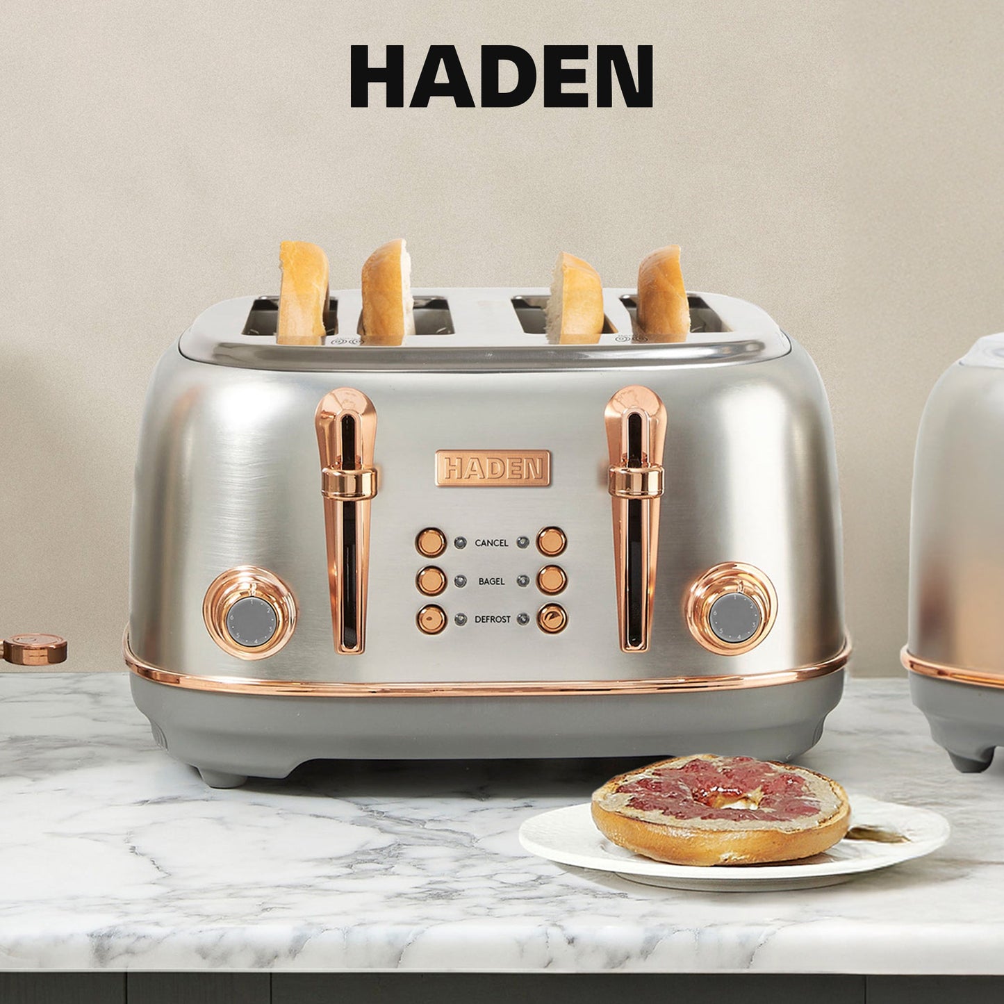 Haden Heritage 4 Slice Wide Slot Stainless Steel Toaster, Steel & Copper