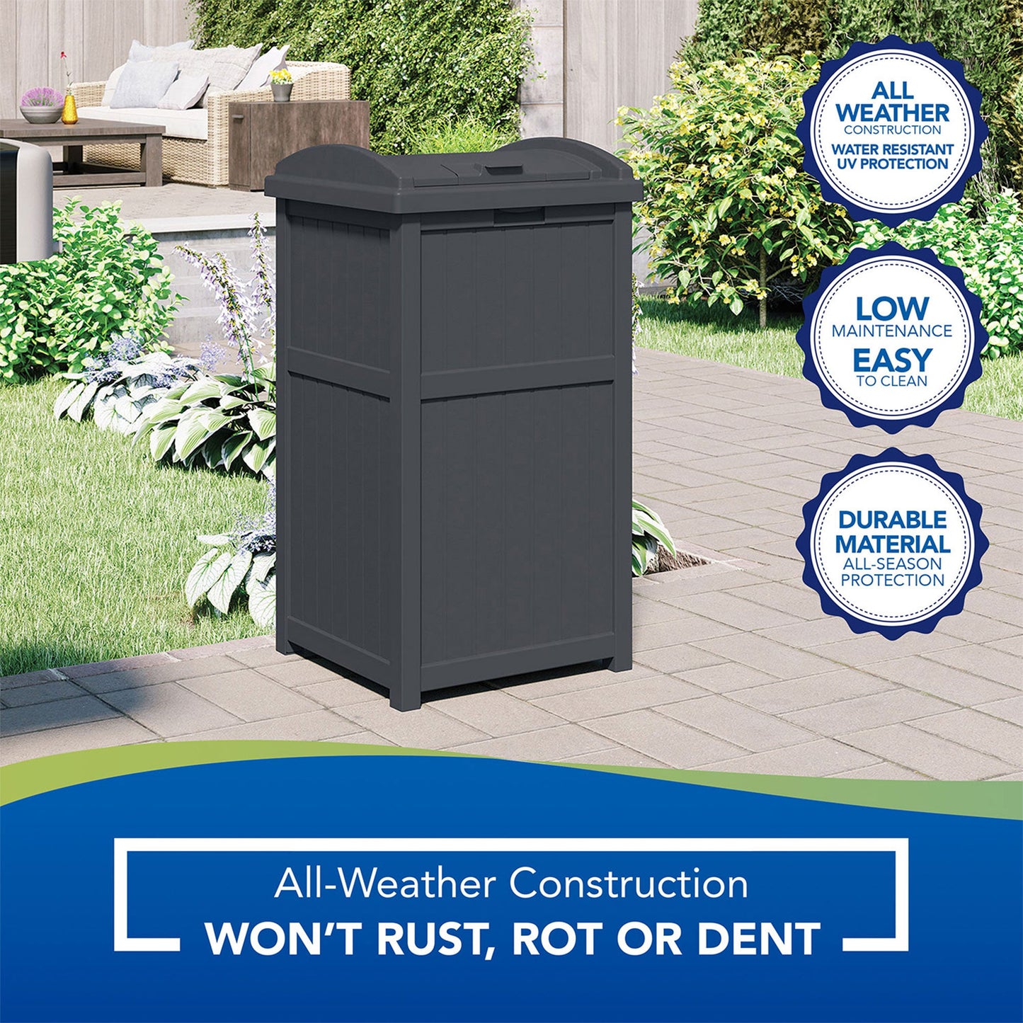 Suncast 30 Gallon Hideaway Trash Waste Bins for Outdoor, Cyberspace (2 Pack)