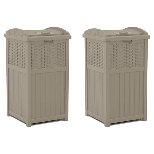Suncast Wicker Plastic Hideaway Trash Can with Latching Lid, Dark Taupe (2 Pack)