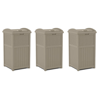 Suncast Wicker Plastic Hideaway Trash Can with Latching Lid, Dark Taupe (3 Pack)