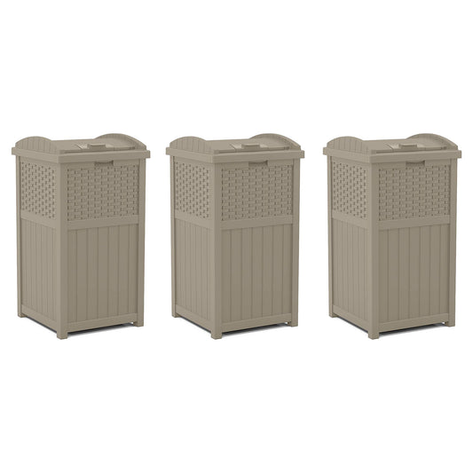 Suncast Wicker Plastic Hideaway Trash Can with Latching Lid, Dark Taupe (3 Pack)