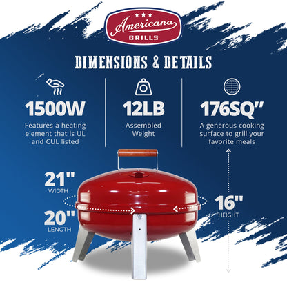 Americana Wherever Grill Dual-Fuel Portable Electric and Charcoal BBQ Grill, Red