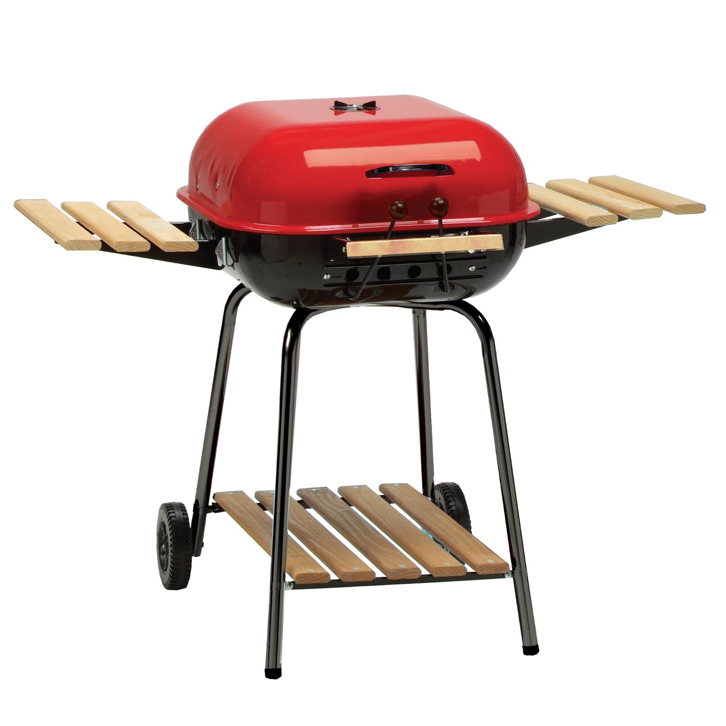 MECO Americana Swinger Wheeled Charcoal Grill w/Side Tables & Bottom Shelf, Red