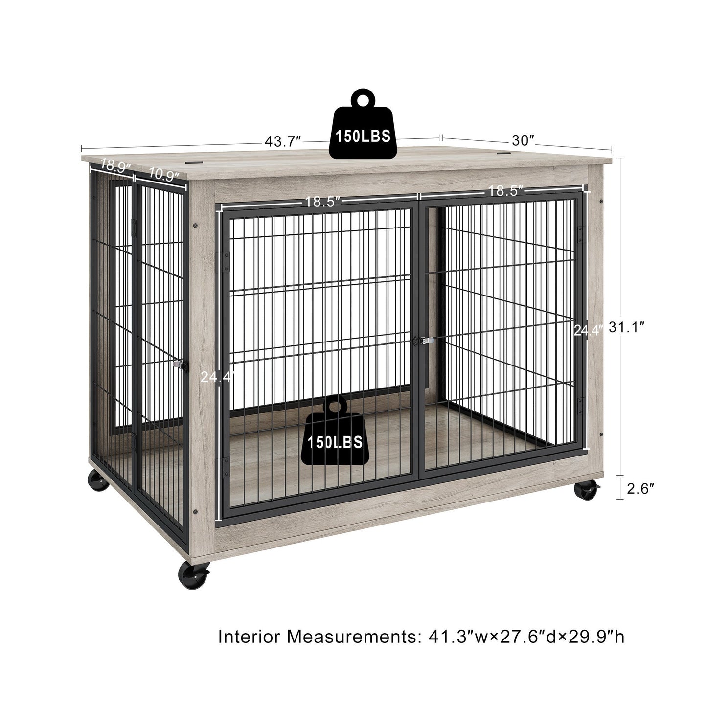 Furniture Style Dog Crate Side Table on Wheels with Double Doors and Lift Top. Grey, 43.7" W x 30" D x 31.1" H.