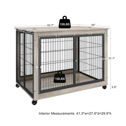 Furniture Style Dog Crate Side Table on Wheels with Double Doors and Lift Top. Grey, 43.7" W x 30" D x 31.1" H.