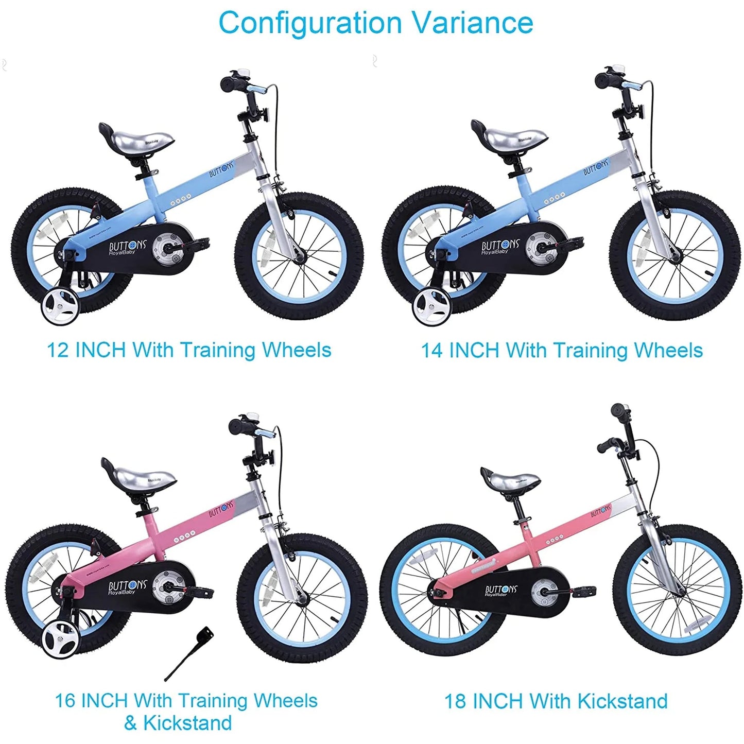 RoyalBaby Buttons 16'' Kids Bike with Kickstand & Training Wheels, Matte Blue