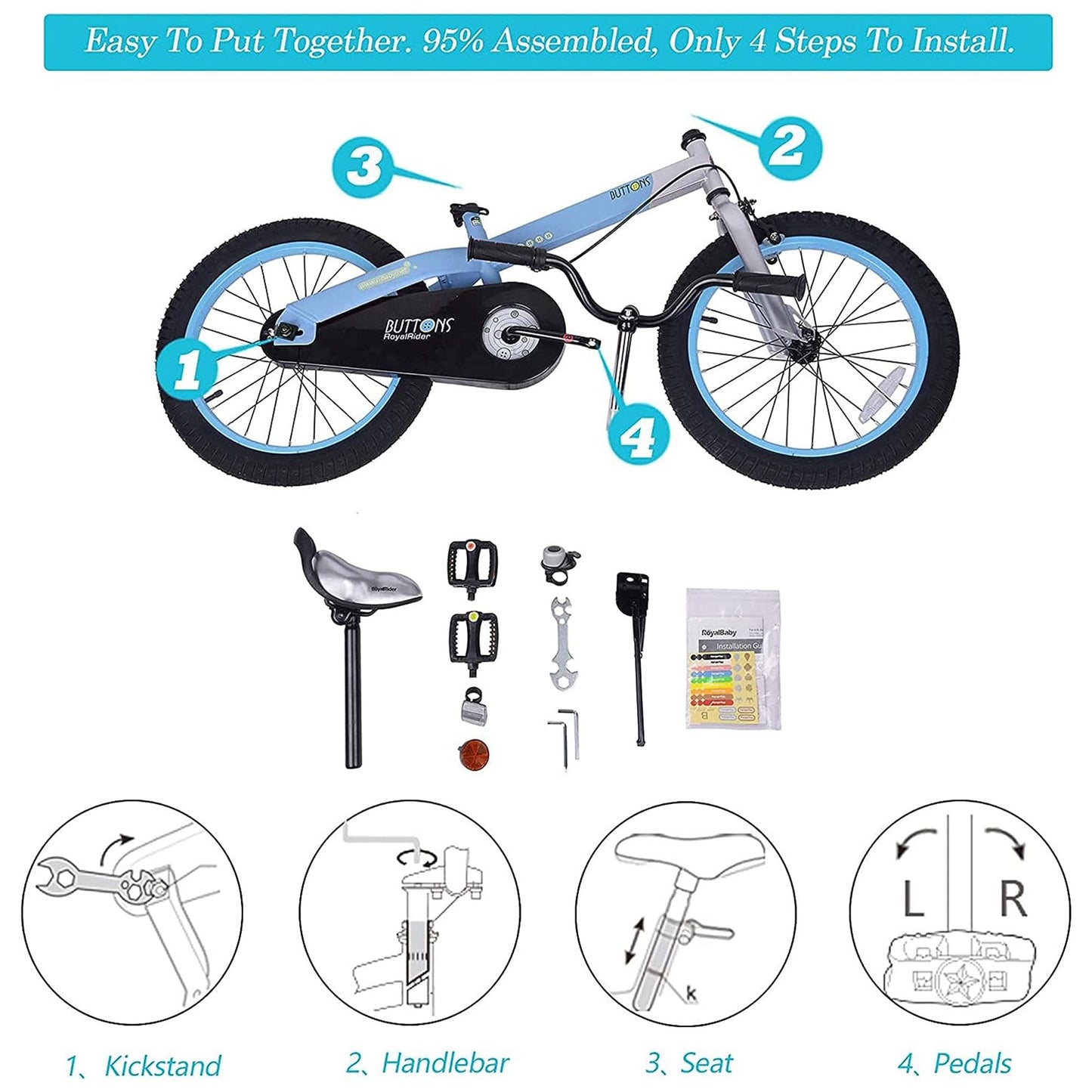 RoyalBaby Buttons 18" Kids Bike with Kickstand & Training Wheels, Matte Blue
