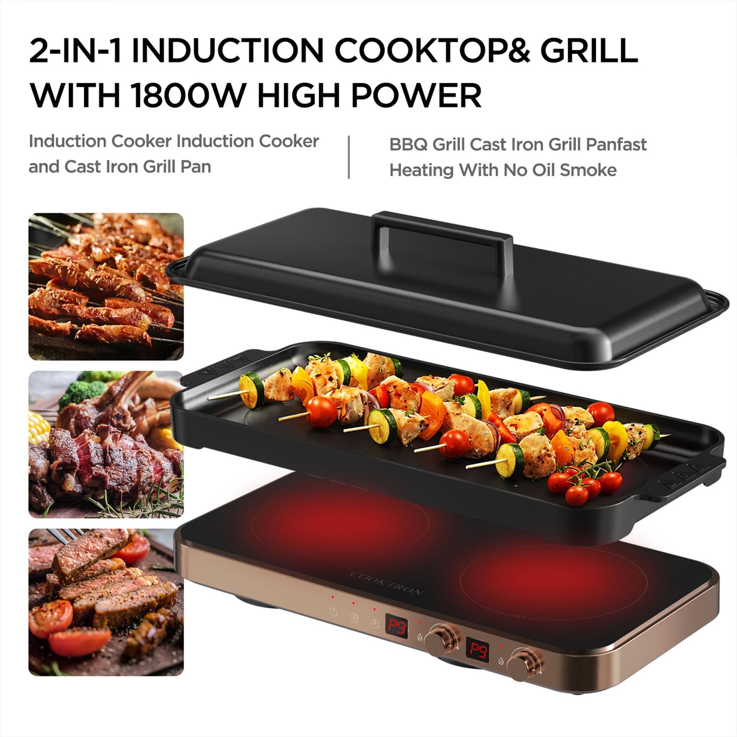 COOKTRON Portable Induction Cooktop Electric Stove &Cast Iron Griddle, Rose Gold