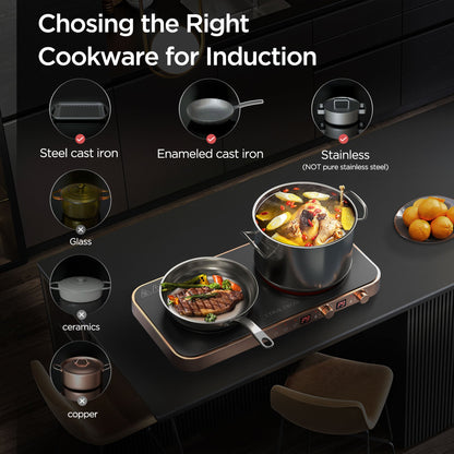 COOKTRON Portable Induction Cooktop Electric Stove &Cast Iron Griddle, Rose Gold