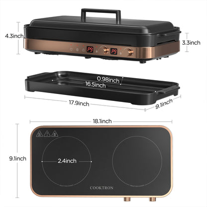 COOKTRON Portable Induction Cooktop Electric Stove &Cast Iron Griddle, Rose Gold