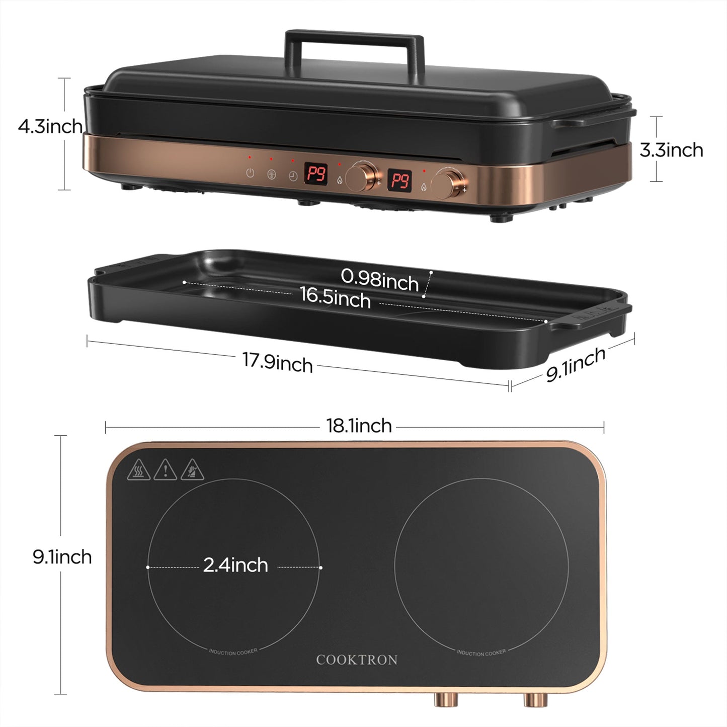 COOKTRON Portable Induction Cooktop Electric Stove &Cast Iron Griddle, Rose Gold