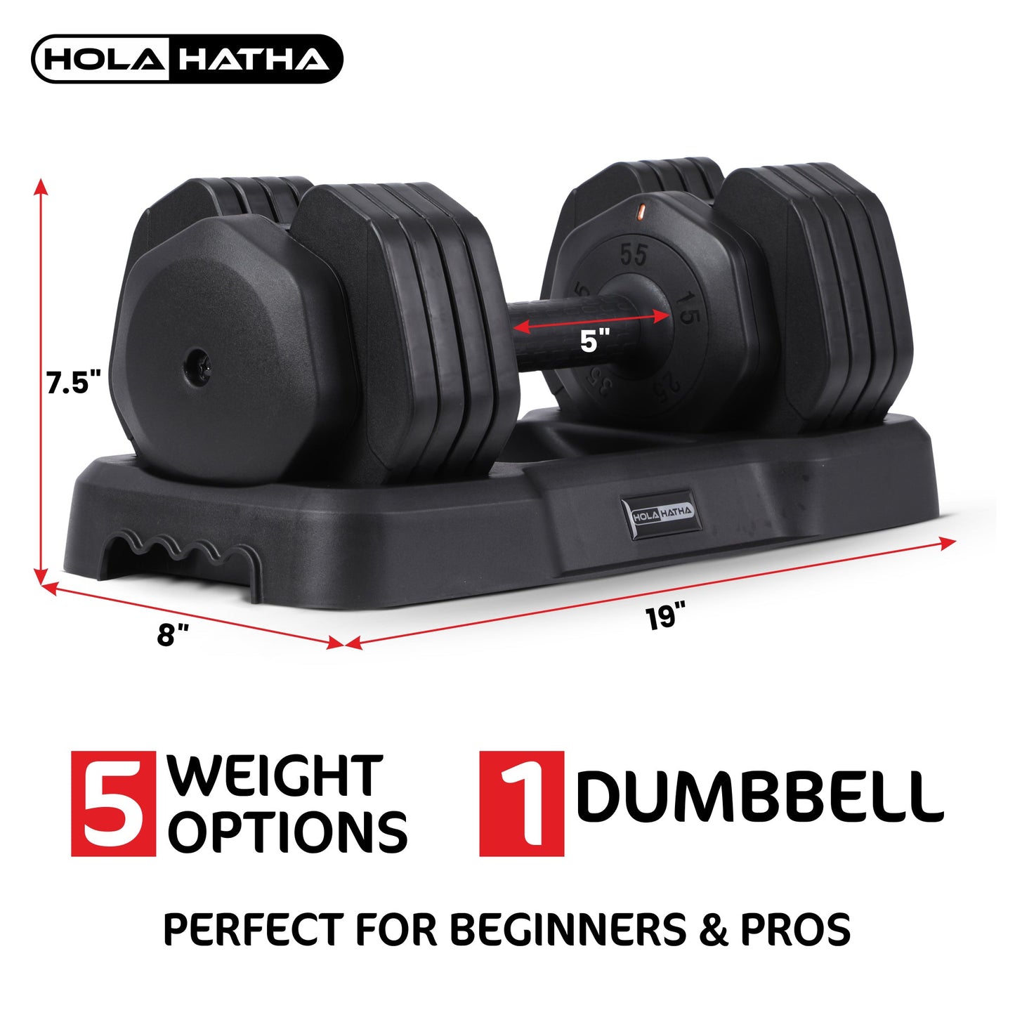 HolaHatha 5 in 1 Adjustable Dumbbell Home Workout Equipment, Black (2 Pack)