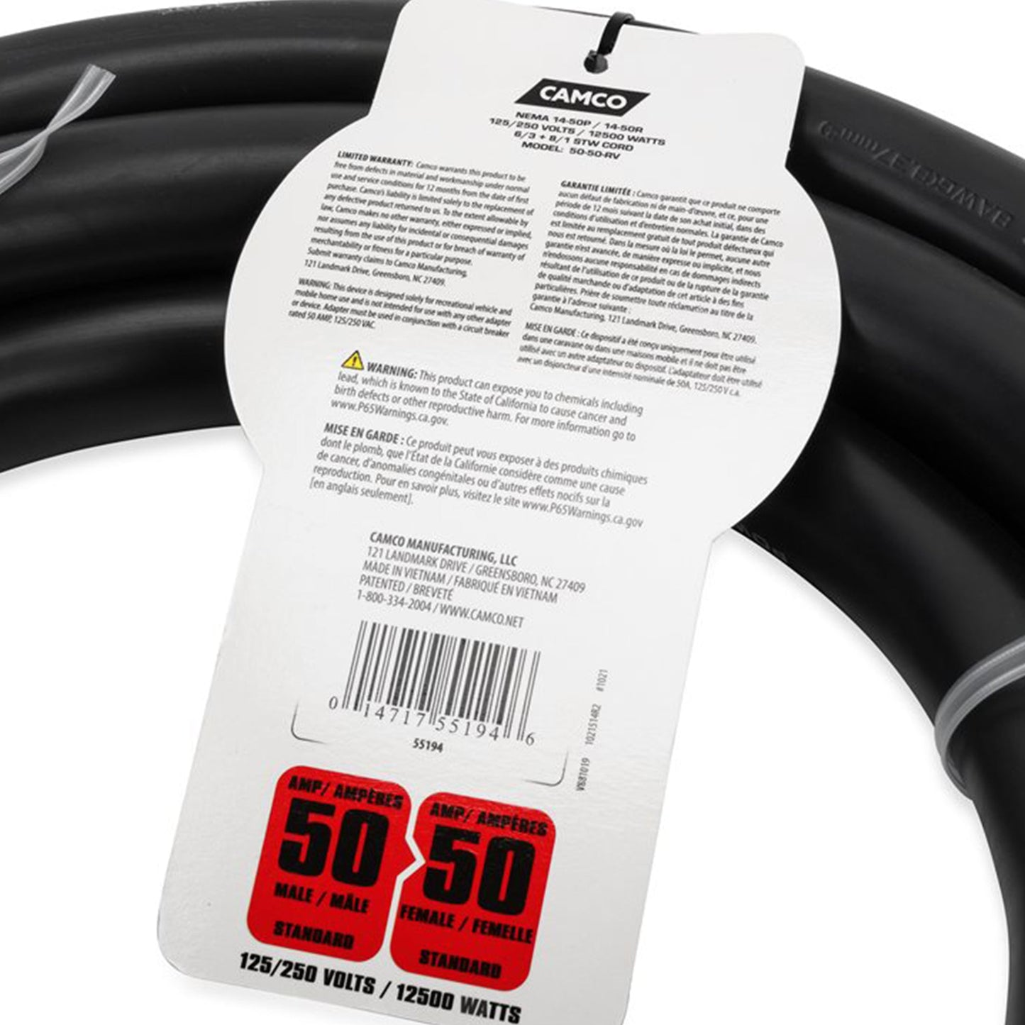 Camco 15 Foot 50 Amp Extension Cord with Power Grip Handles for RVs or Campers