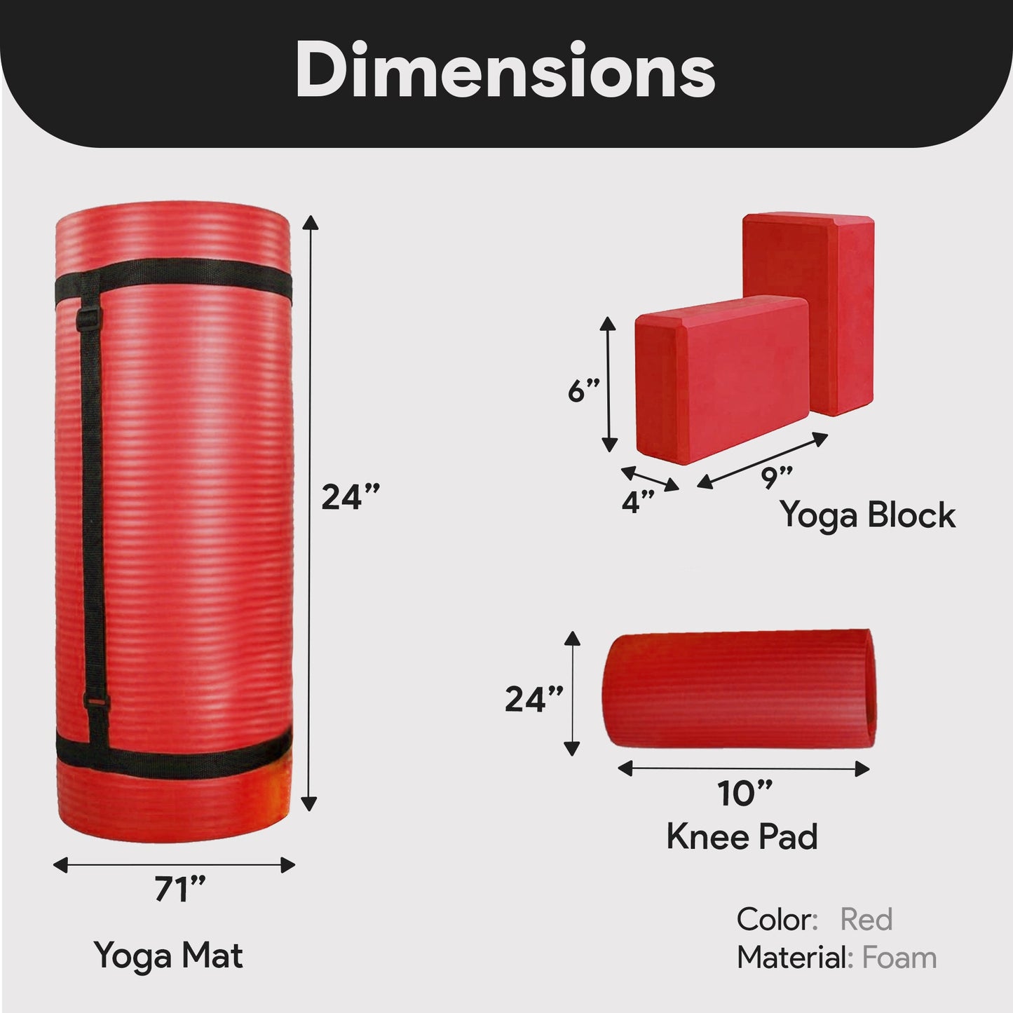 BalanceFrom Fitness 71"x24" Anti Tear Yoga Mat w/Strap, Knee Pad & Blocks, Red