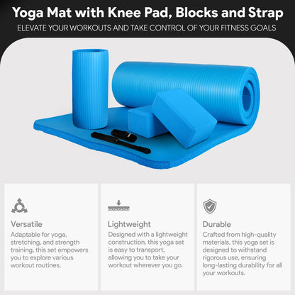 BalanceFrom Fitness 71"x24" Anti Tear Yoga Mat w/Strap, Knee Pad & Blocks, Blue