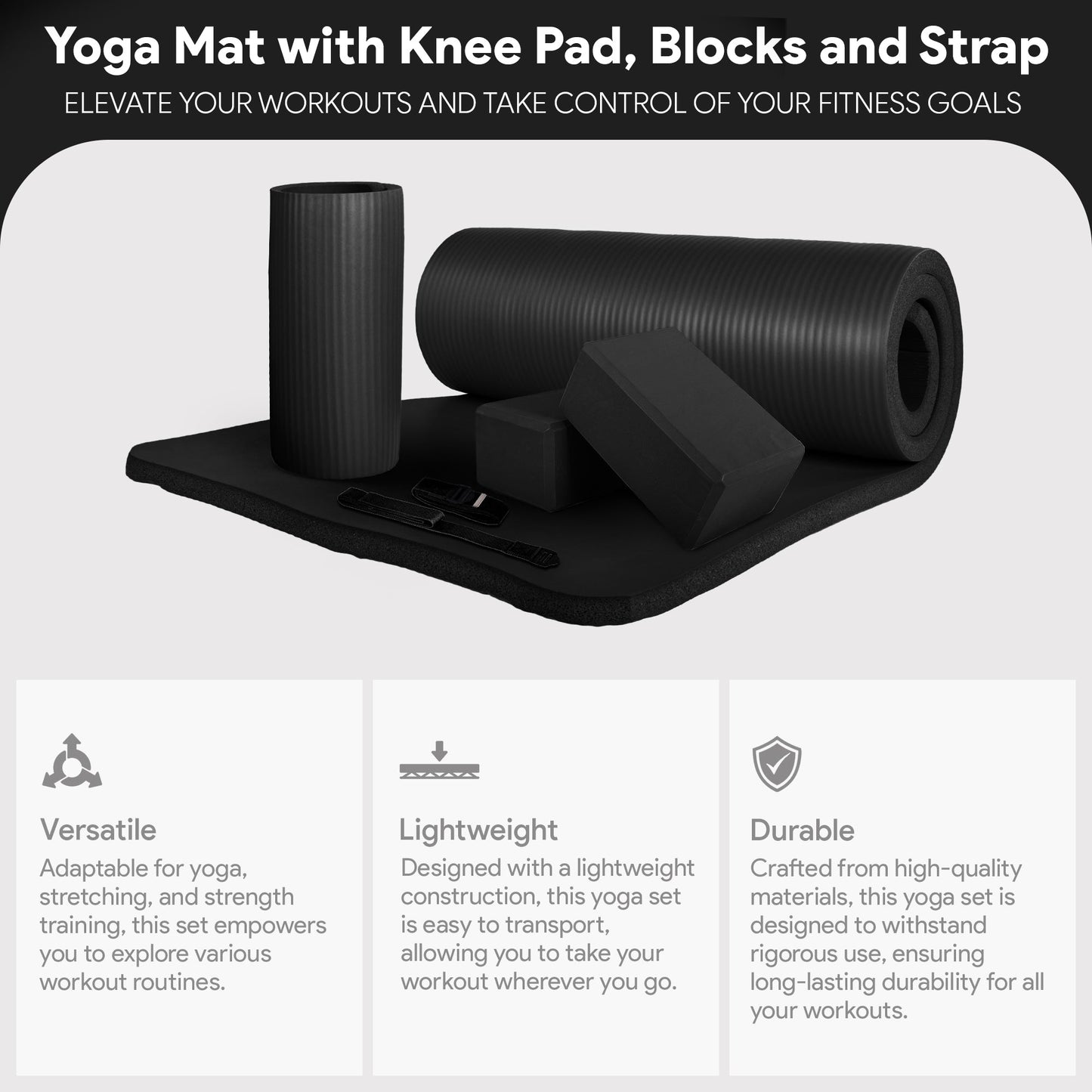 BalanceFrom Fitness 71"x24" Anti Tear Yoga Mat w/Strap, Knee Pad & Blocks, Black